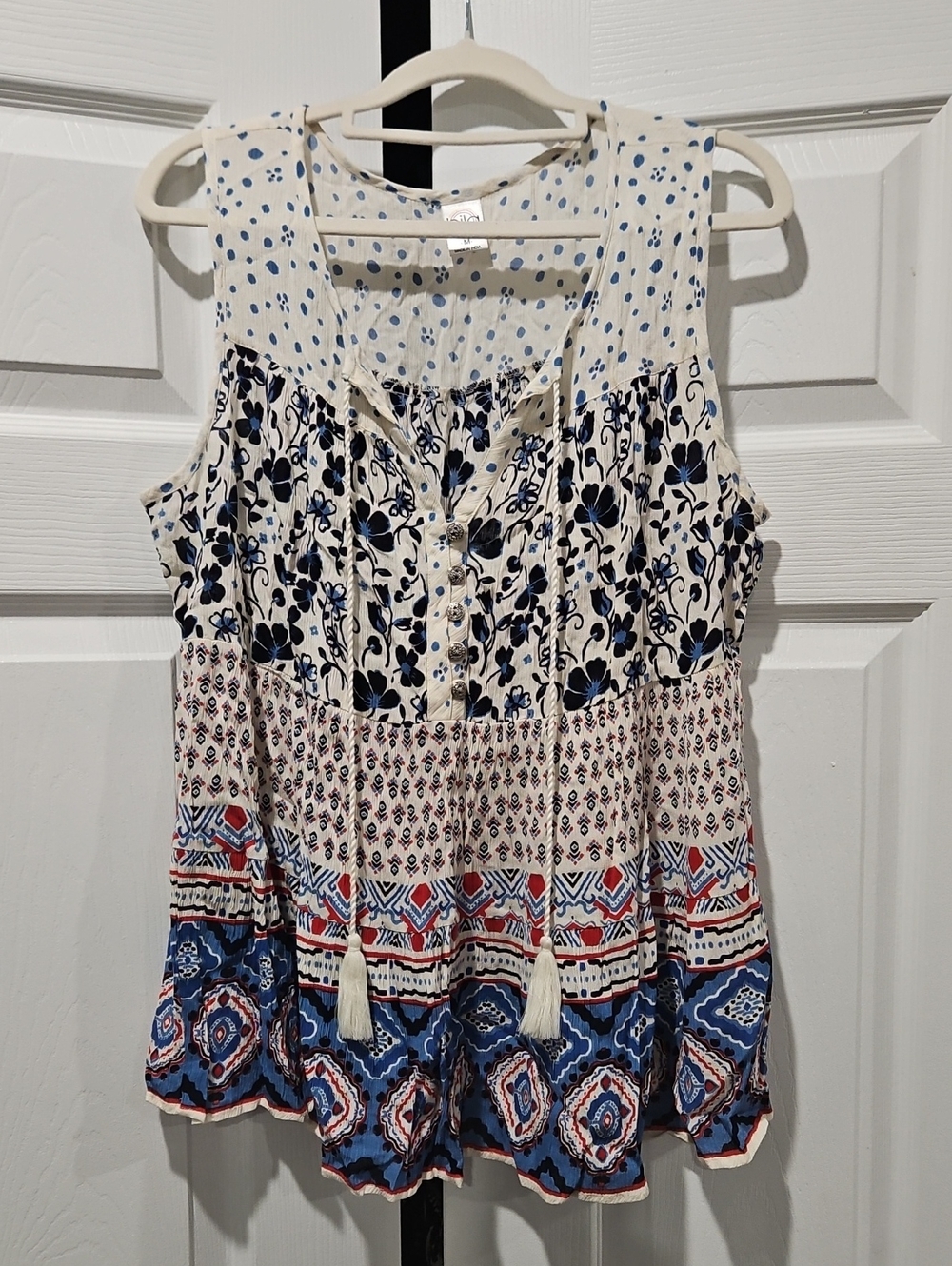 Bila Cream, Blue, & Red Boho Top